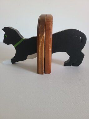 Wooden Cat Bookends Handmade Handpainted Initials WJM Black Cat (C1)